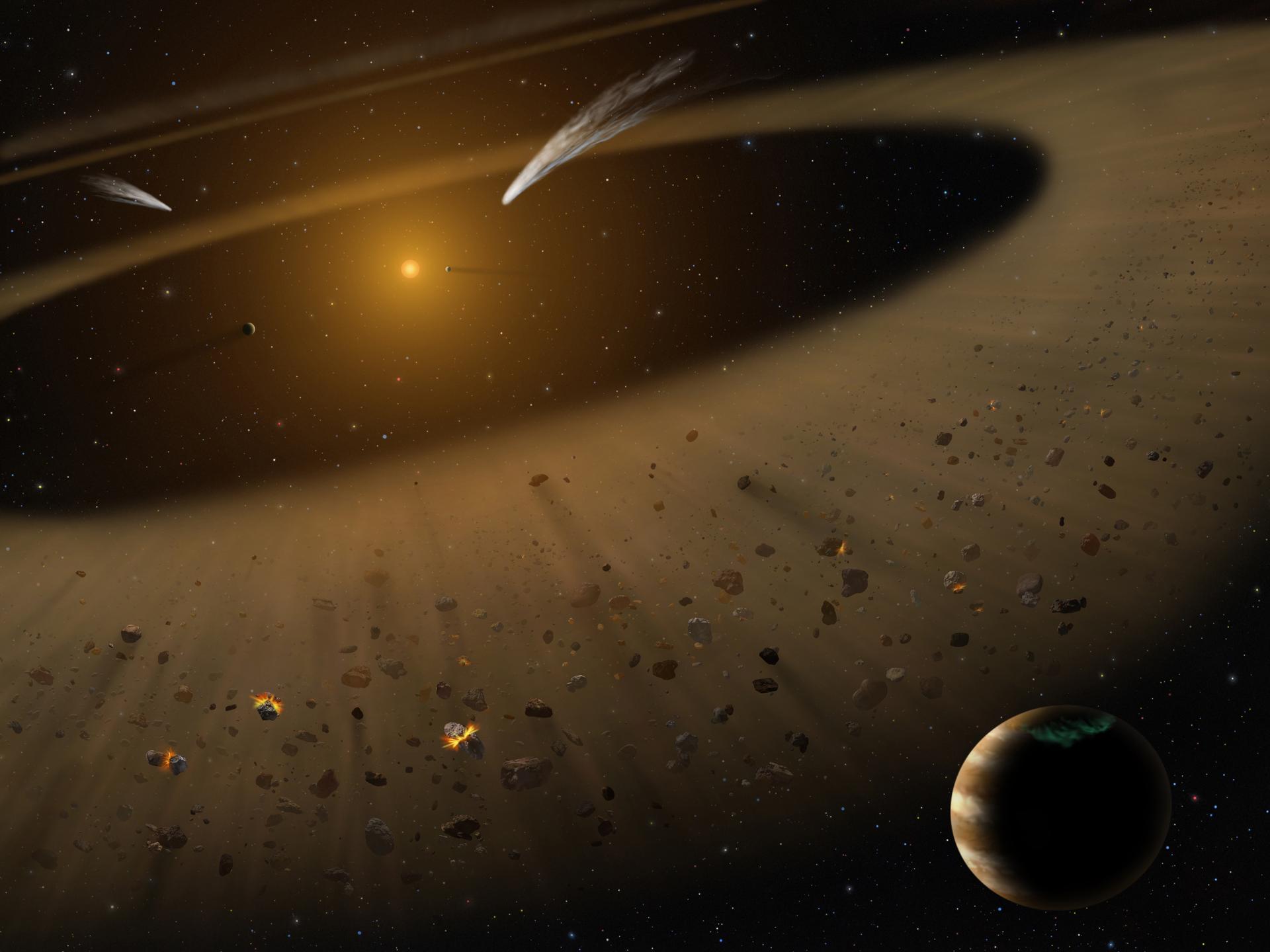 Artist concept of the Epsilon Eridani system with its debris disk and planet