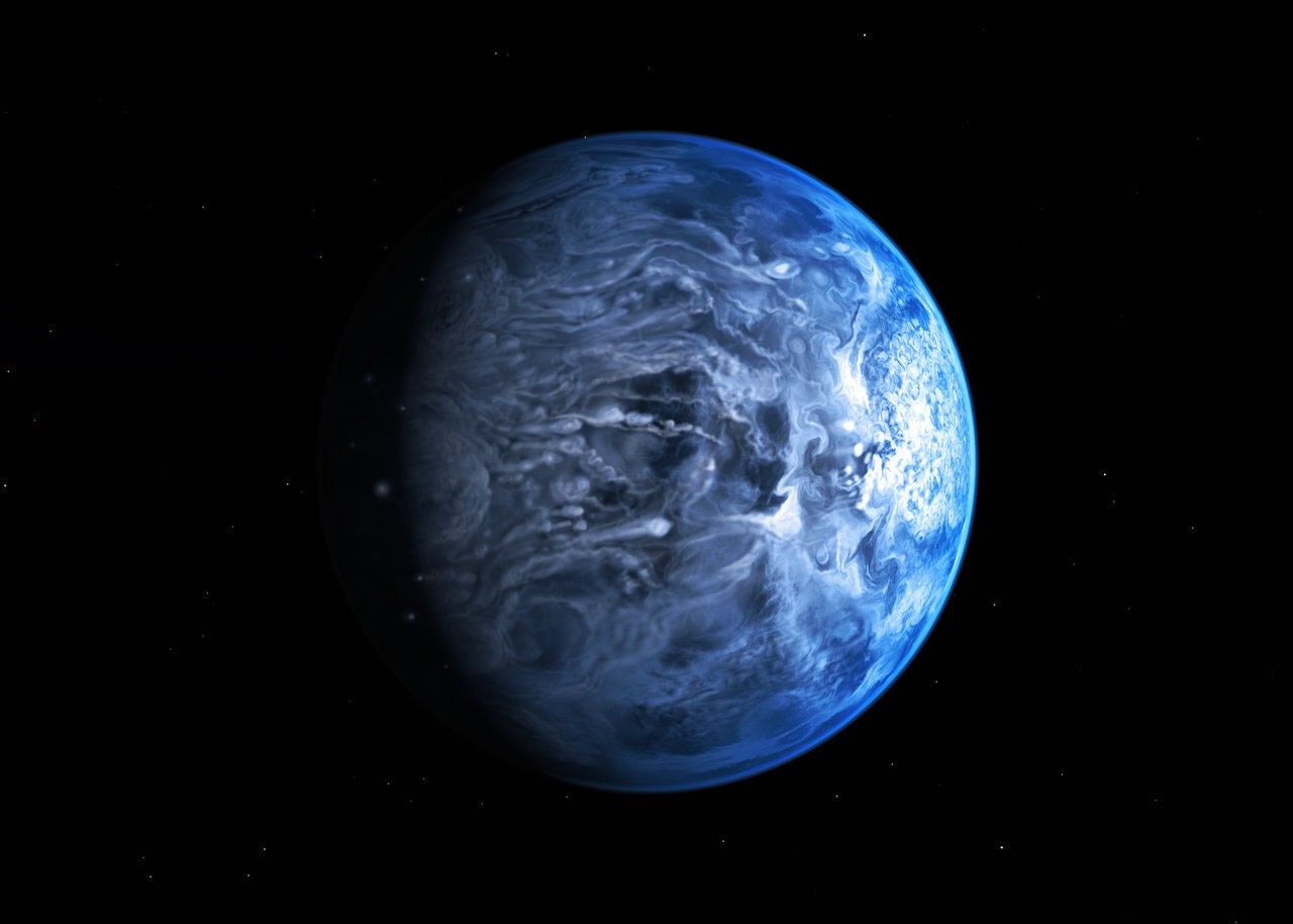Artist concept of HD 189733 b, a cobalt-blue hot Jupiter with silicate glass rain